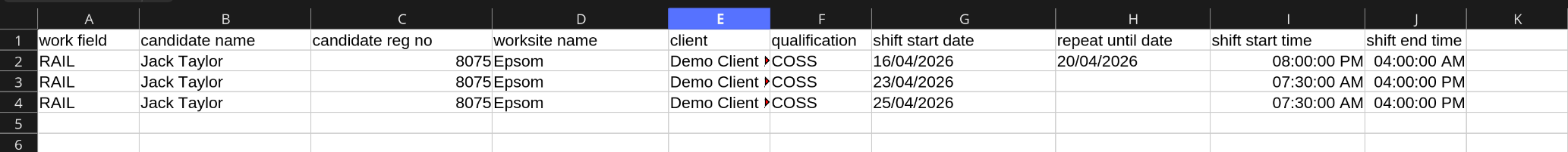 Batch import shifts example 3
