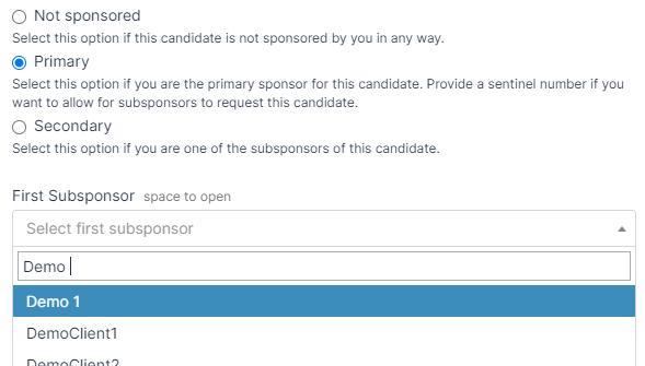 Select a subsponsor type